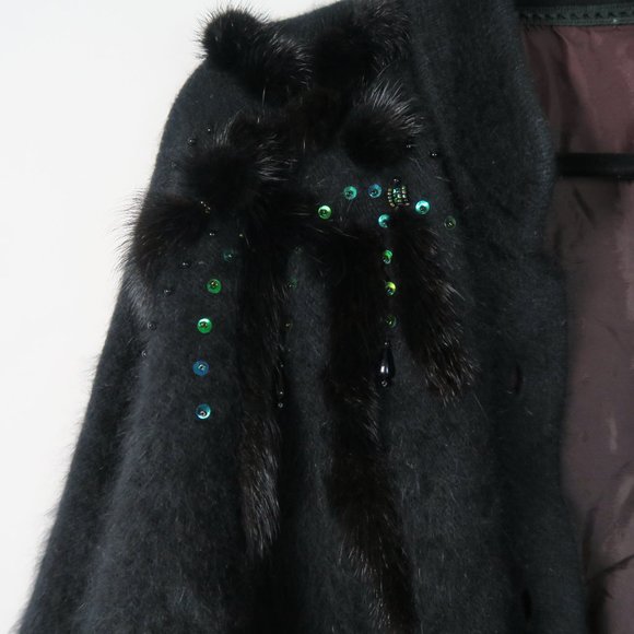 Vintage Black Fuzzy Button Up Cardigan M/L Japanese Sequin Fur Bead Embellished - Picture 7 of 10
